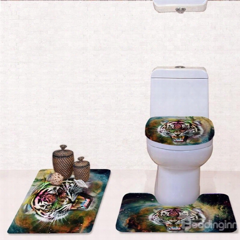 Tiger Pattern 3-piece Flannel Pvc Soft Water-absorption Anti-slid Toilet Seat Covers