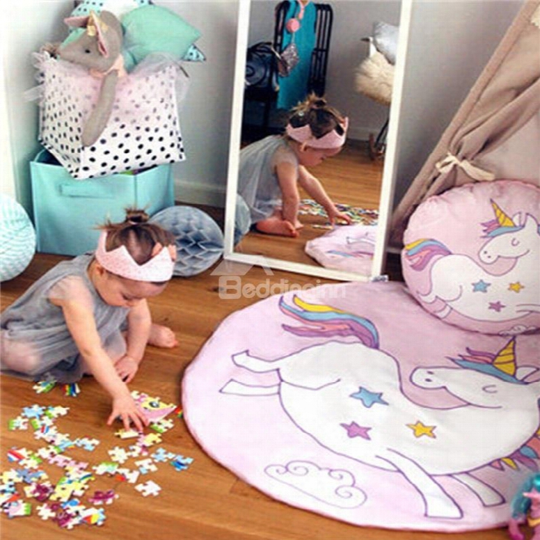 Unicorn Printed Rounded Cotton White Baby Play Floor Mat/crawling Pad