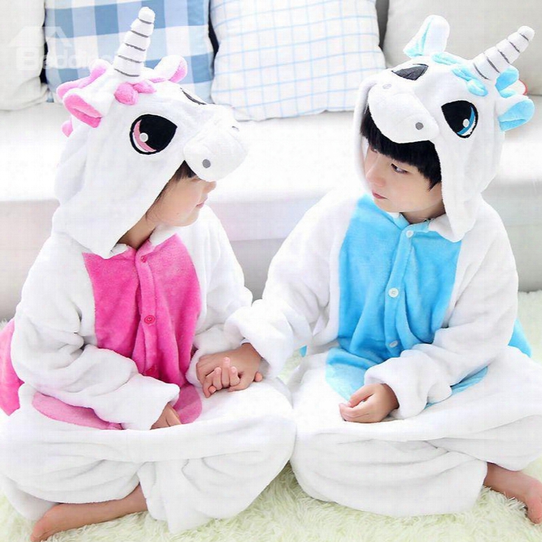 Unicorn Shaped Flannel White And Blue 1-piece Kids Pajama