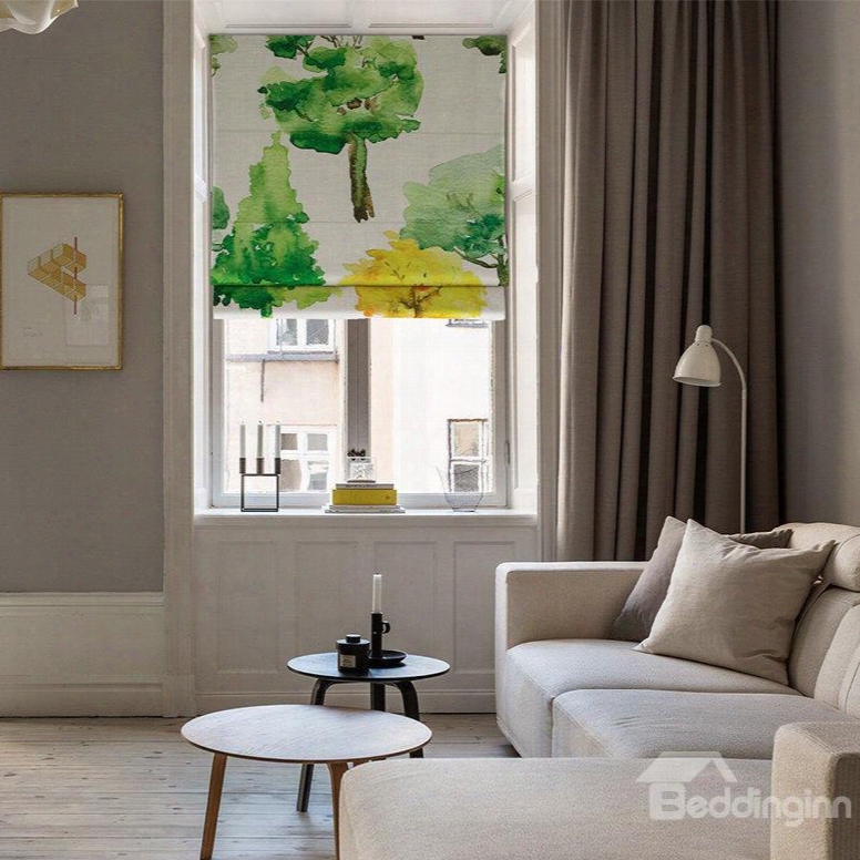 Watercolor Tree Printing Cotton And Linen Blending Roman Shades