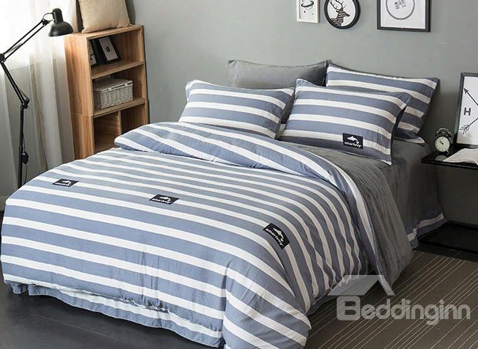 White And Grey Stripes With Sharks Printed Soft 4-piece Bedding Sets/duvet Cover