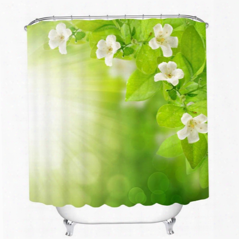 White Flower And Green Leaves In The Sunshine 3d Printed Bathroom Waterproof Shower Curtain