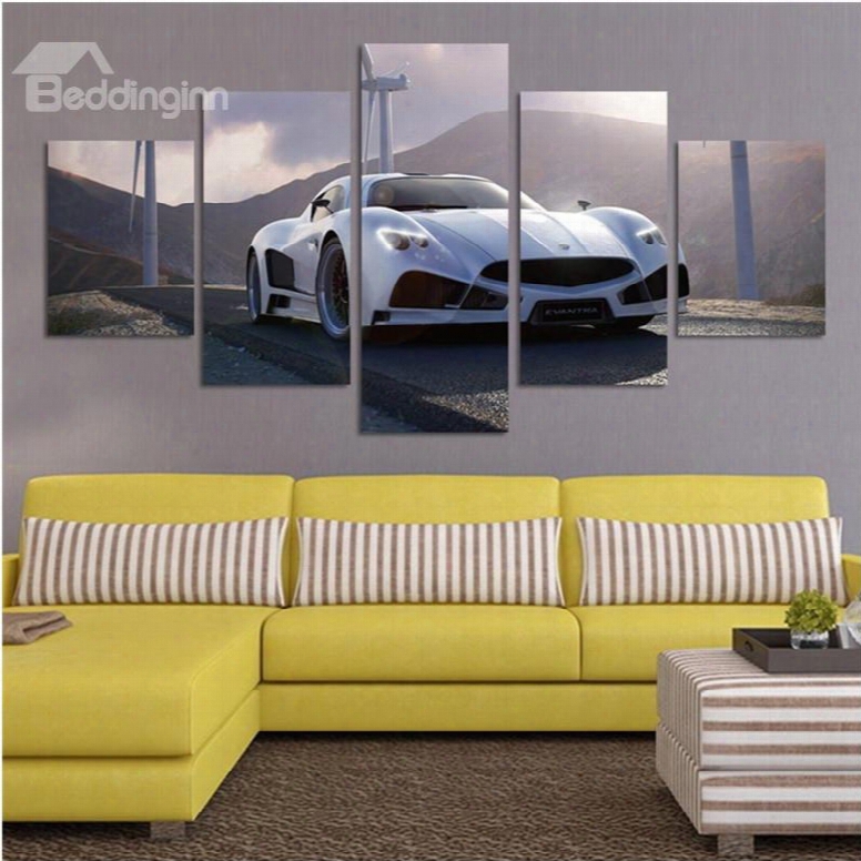 White Sports Car In The Mountain 5-piece Canvas Hung Non-framed Wall Prints