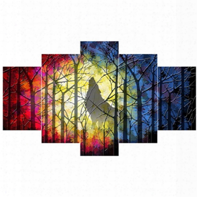 Wolf Roaring In Forest Hanging 5-piece Canvas Non-framed Wall Prints