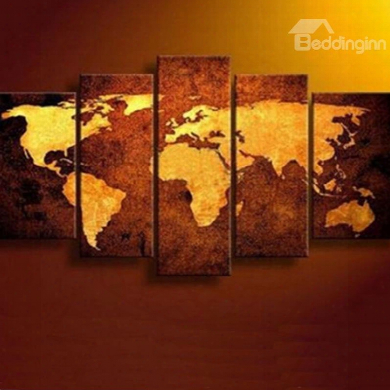 Yellow World Map 5-piece Canvas Hung Non-framed Prints