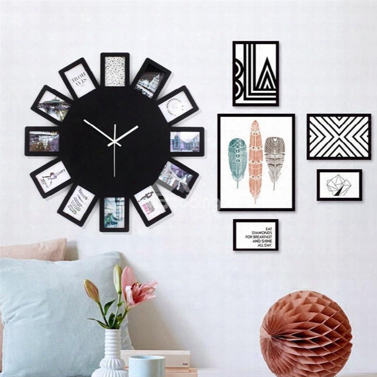 22␔22in Black Photo Frames Round Dial Wood Battery Hanging Wall Clock