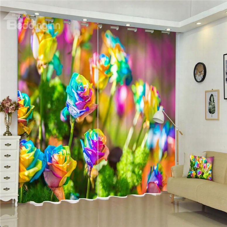 3d Abstract Roses Printed Bright Colored Custom Decorative Living Room Window Curtain