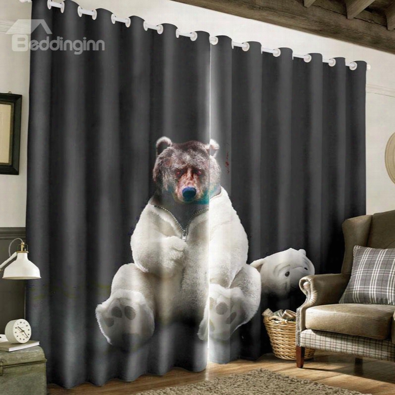 3d Black Bear Printed Custom Polyester Grommet Top Curtain For Living Room