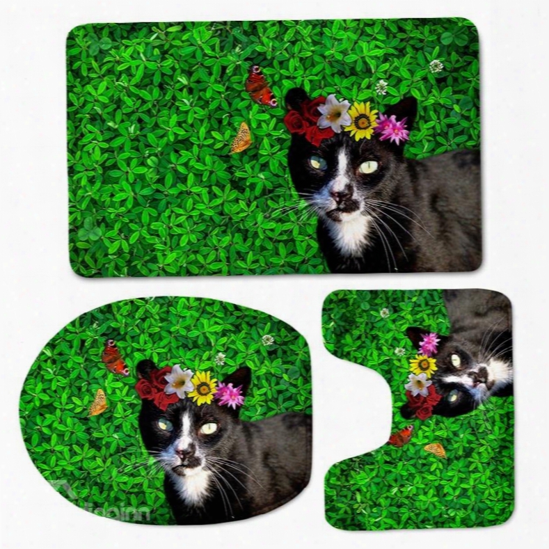3d Black Cat In Grassland Printed Flannel 3-piece Green Toilet Seat Cover