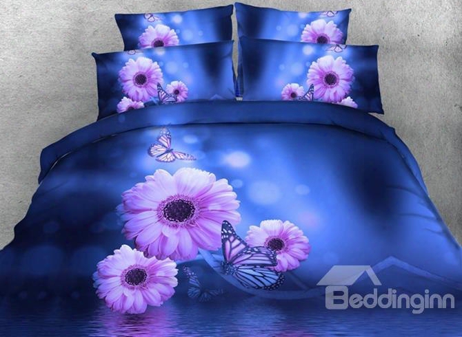 3d Butterflies And Daisy Printed Cotton 4-piece Blue Bedding Sets/duvet Cover