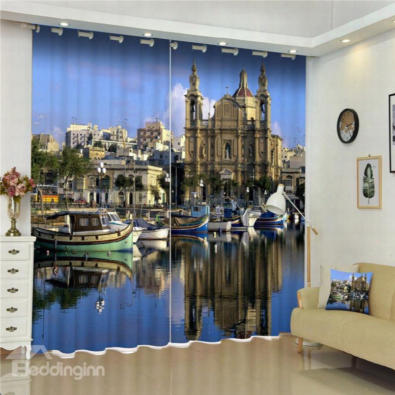 3d Characteristic Landscape Seashore City Printed Decorative And Shading Custom Curtain