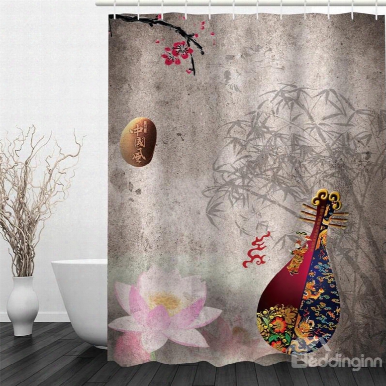 3d Chinese Pipa And Bamboos Pattern Polyester Waterproof And Eco-friendly Shower Curtain