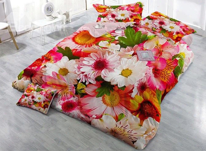 3d Colorful Barberton Daisies Flroal Cotton 4-piece Bedding Sets/duvet Cover