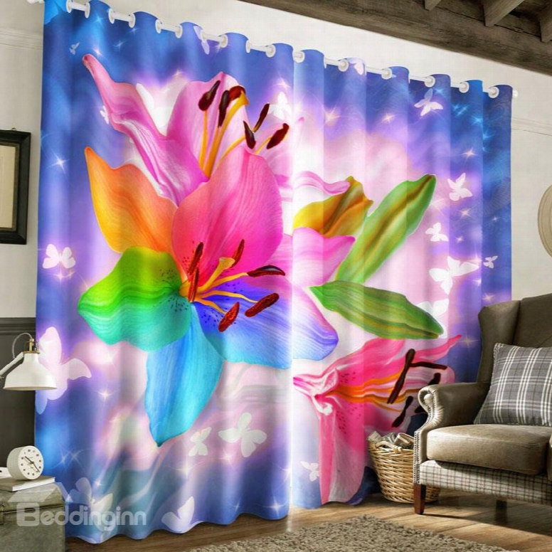 3d Colorful Lily Flowers Printde 2 Panels Custom Living Room Window Curtain