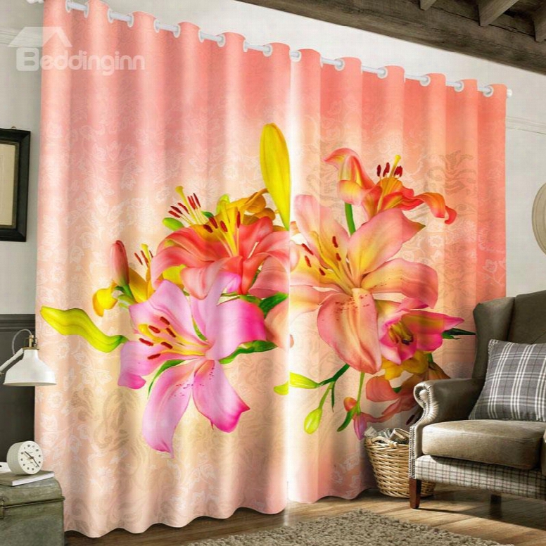 3d Colorful Lily Flowers Printed Tencel 2 Panels Custom Living Room Curtain
