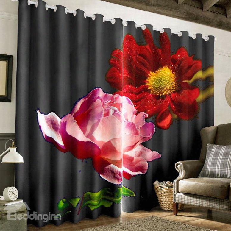 3d Creative Black With Red Roses Printed 2 Panels Form Window Curtain