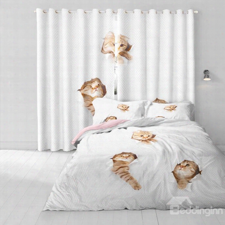 3d Cute Cats Printed Polyester 2 Panels Decorative And Blackout Living Room Curtain