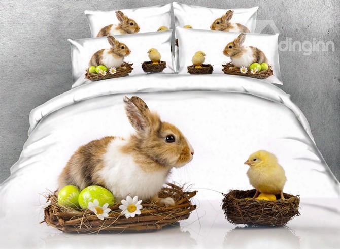 3d Easter Bunny And Chick Printed Cotton 4-piece Bedding Sets/duvet Covers