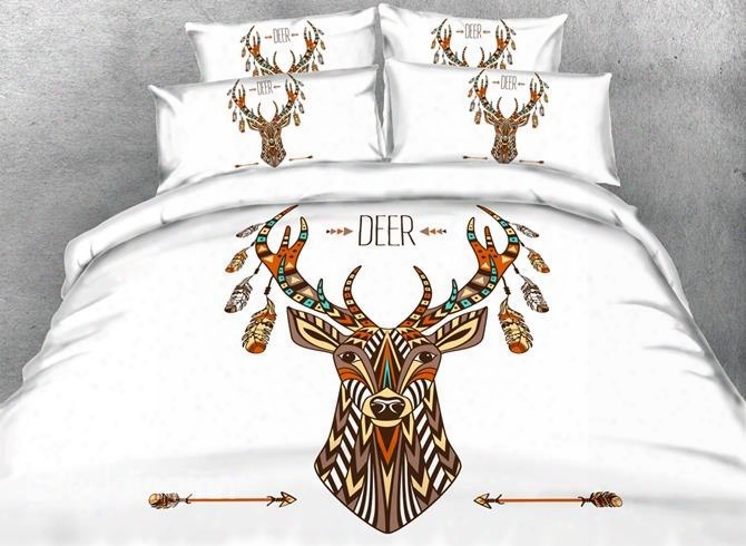 3d Ethnic Sty Le Deer Printed 4-piece White Bedding Sets/duvet Covers