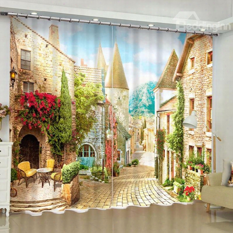 3d European Style Buildings Printed Polyester Custom Living Room Curtain