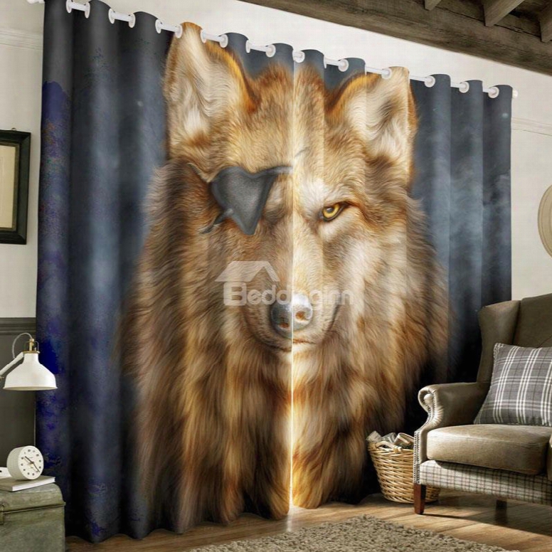 3d Ferocious Wolf With One Eeye Printed 2 Panels Custom Living Room Curtain