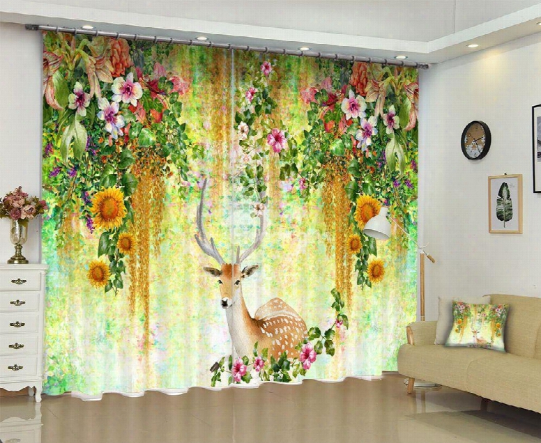 3d Flowers Vines And Lovely Elk Printed Two Panels Living Room Curtain