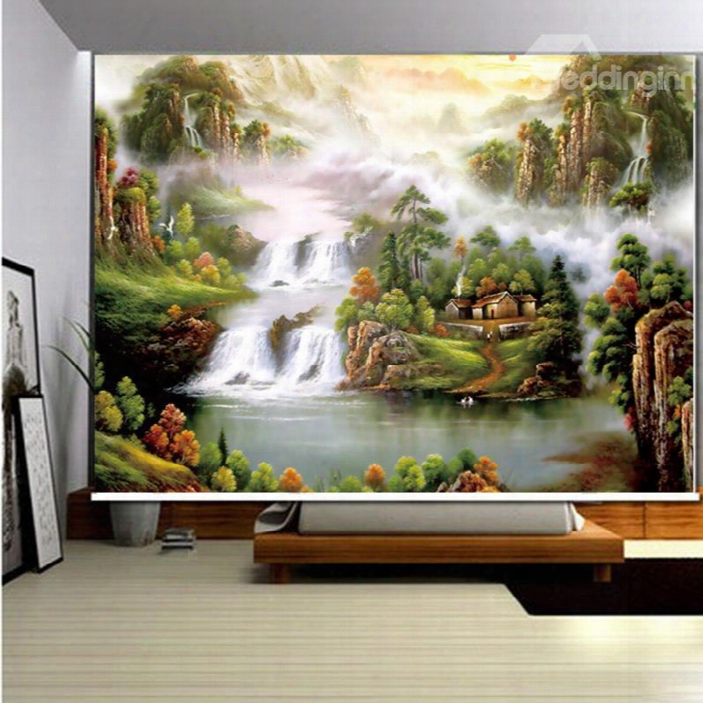 3d Flowing Waterfalls And Mountains With Cottages Printed Decoration And Blackout Roller Shades