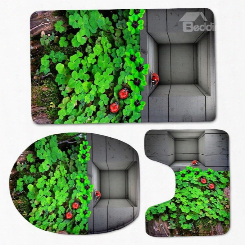 3d Four Leaf Clovers Printed Flannel 3-piece Toilet Seat Cover