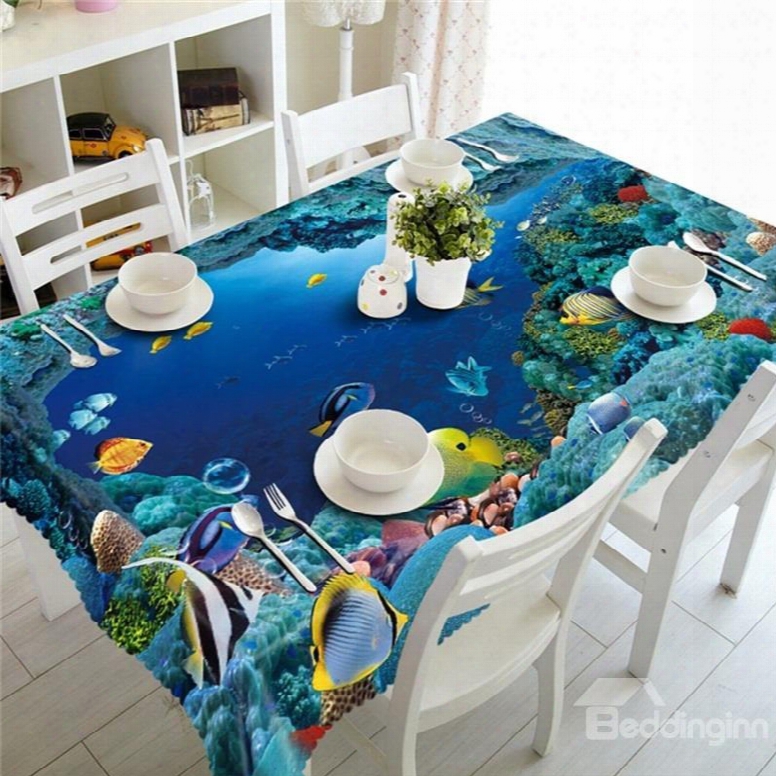 3d Golden Fishes And Corals Printed Happy Undersea World Party And Home Table Cloth