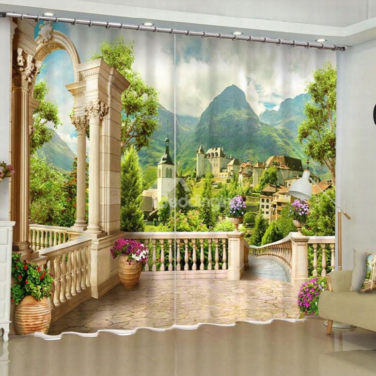 3d Green Mountains And Retro Castles Printed Polyester Custom Living Room Drapes