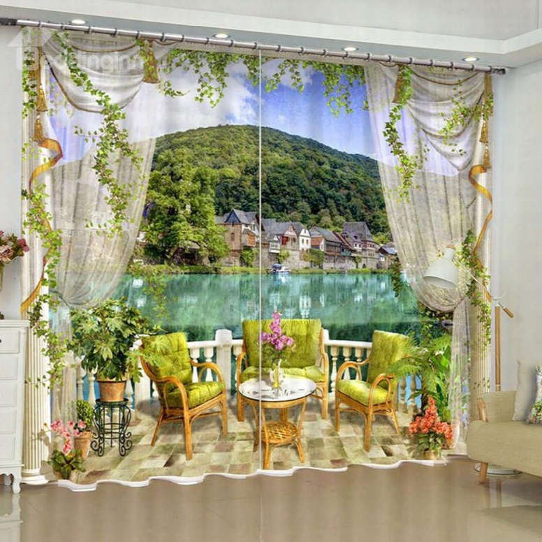 3d Green Mountains And Water With Leisure Chairs Printed Custom Living Room Curtain