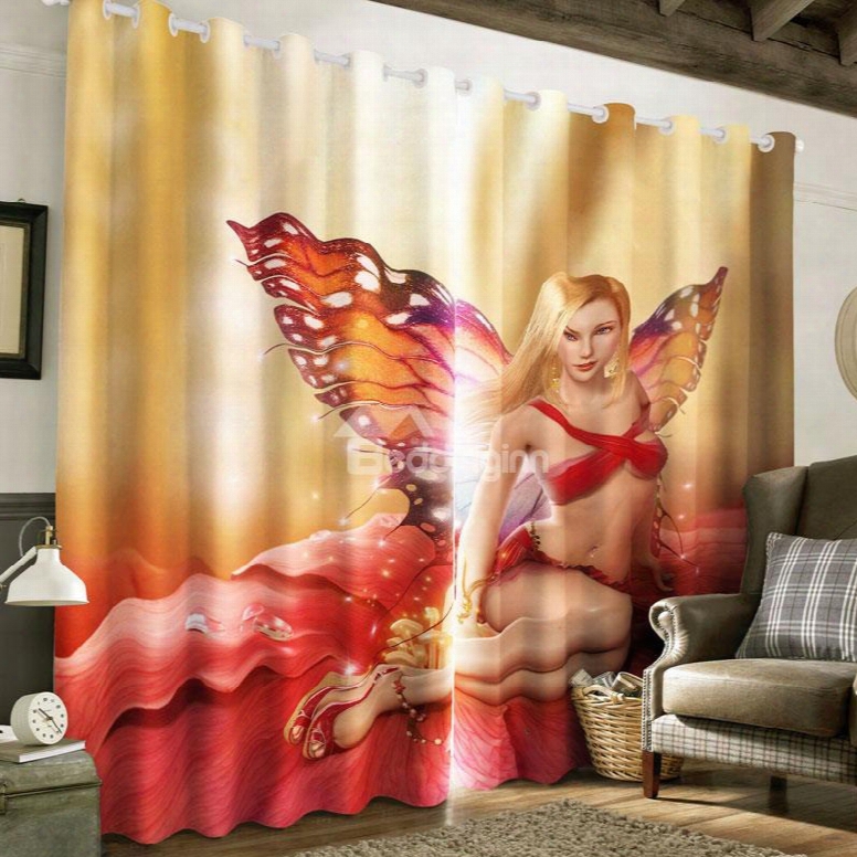 3d Lady With Butterfly Wings Printed 2 Panels Decorative And Blackout Curtain