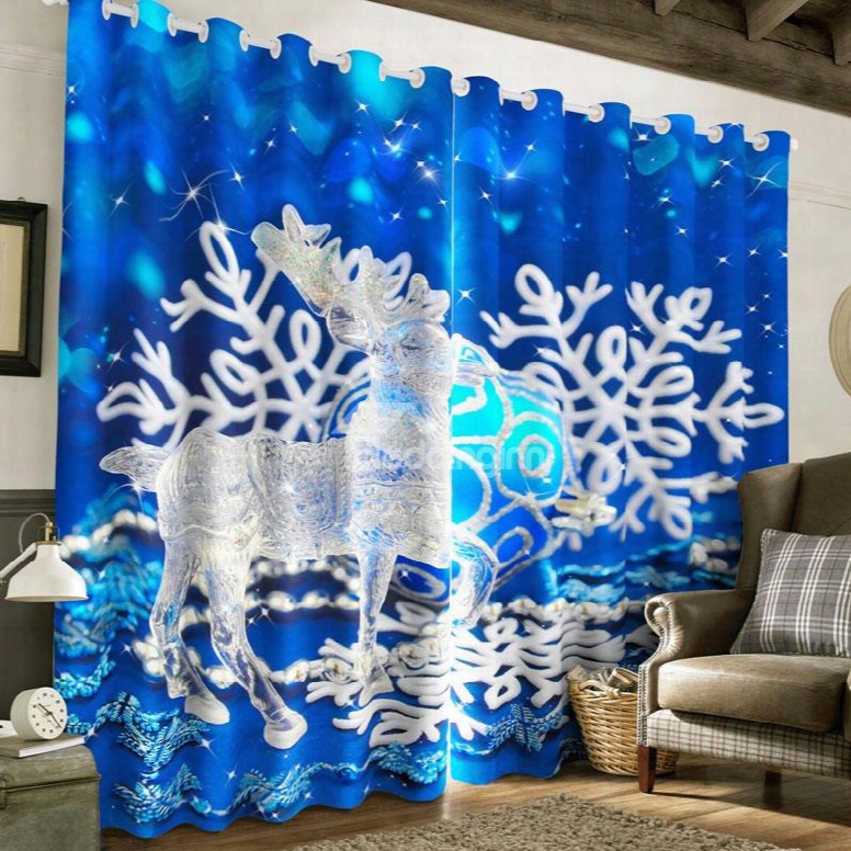 3d Lovely Deer And White Snow Printed Christmas Theme 2 Panels Custom Curtain