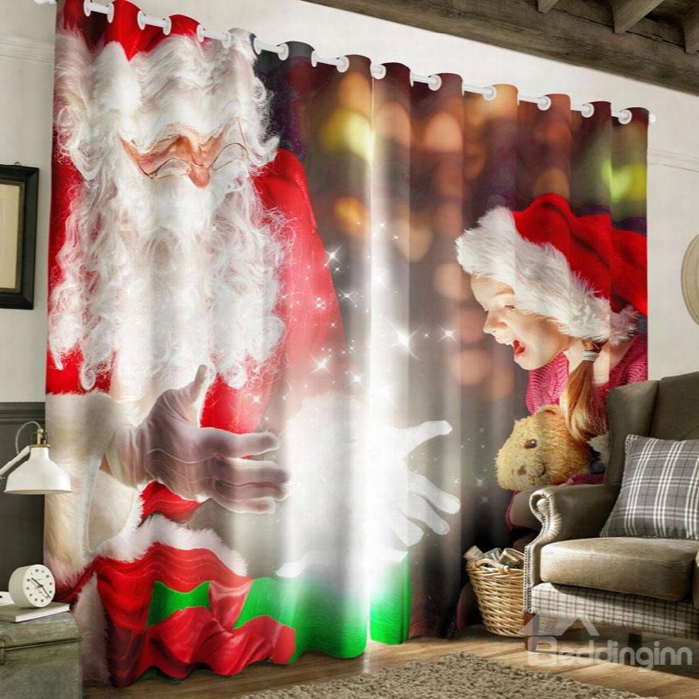 3d Lovely Santa Claus And Pretty Girl Printed 2 Panels Polyester Custom Curtani