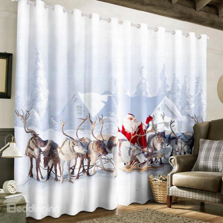 3d Lovey Deer And Santa Claus With White Snow Printed Polyester Custom Window Curtain