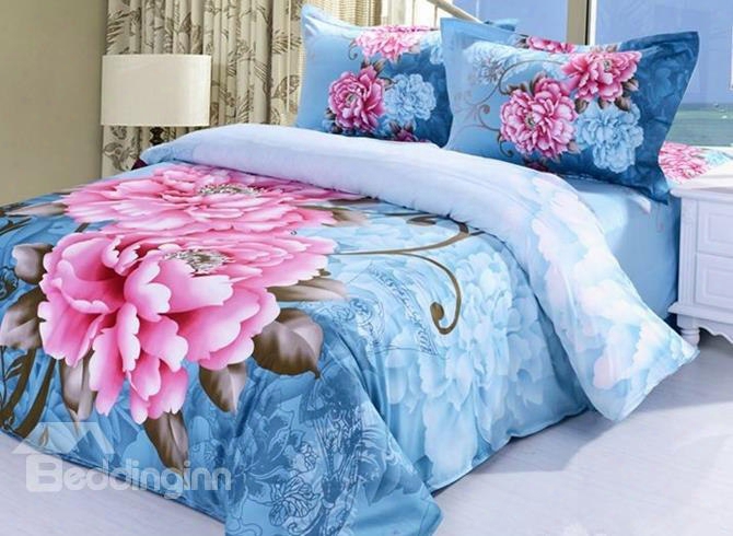 3d Pink Peony Printed Cotton 4-piece Blue Bedding Sets/duvet Covers