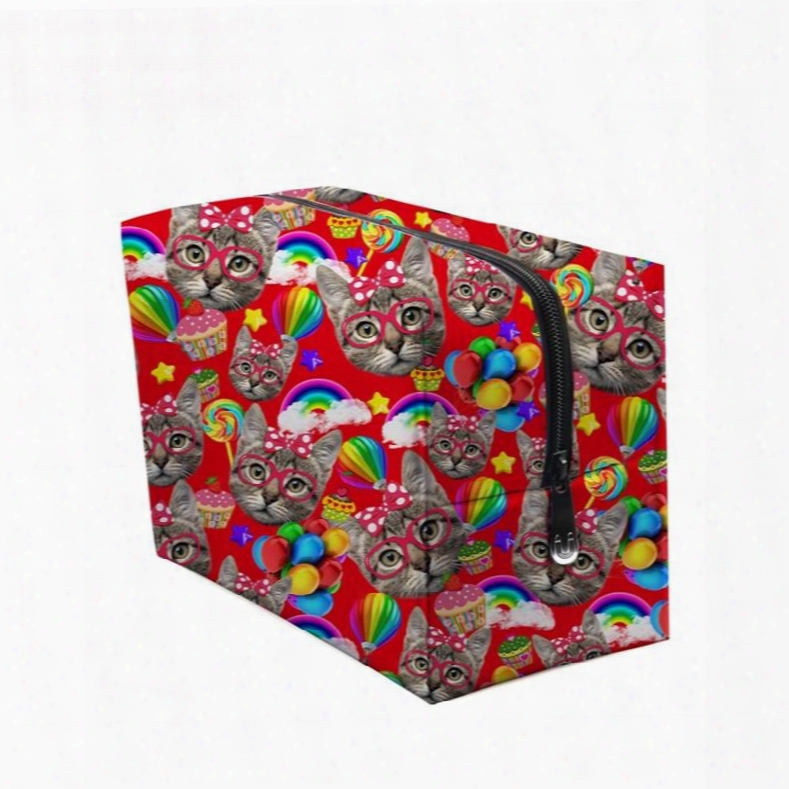 3d Portable Cats And Lollipops Printed Pv Red Cosmetic Bag