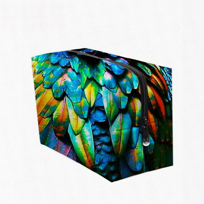 3d Portable Colorful Feathers Printed Pv Cosmetic Bag