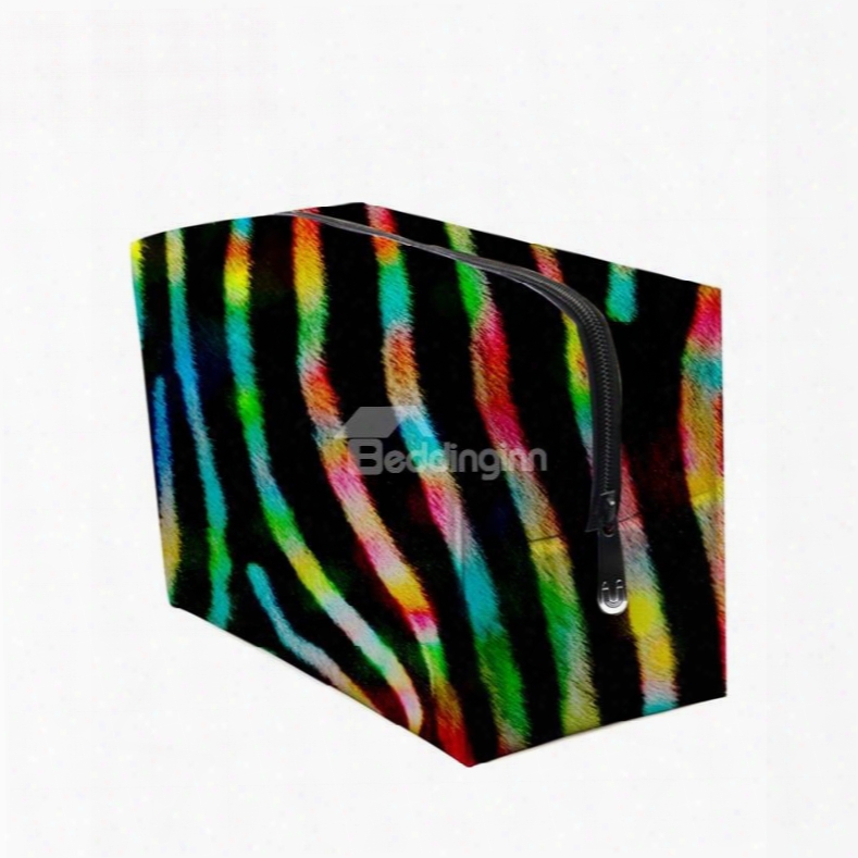 3d Portable Colorful Stripes Printed Pv Black Cosmetic Bag