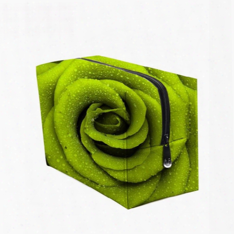 3d Portable Rose Printed Pv Green Cosmetic Bag