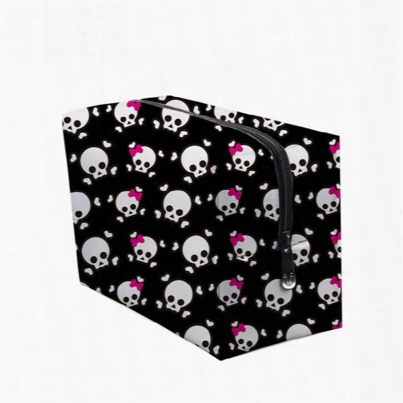 3d Portable Skulls With Pink Bowknots Printed Pv Black  Cosmetic Bag