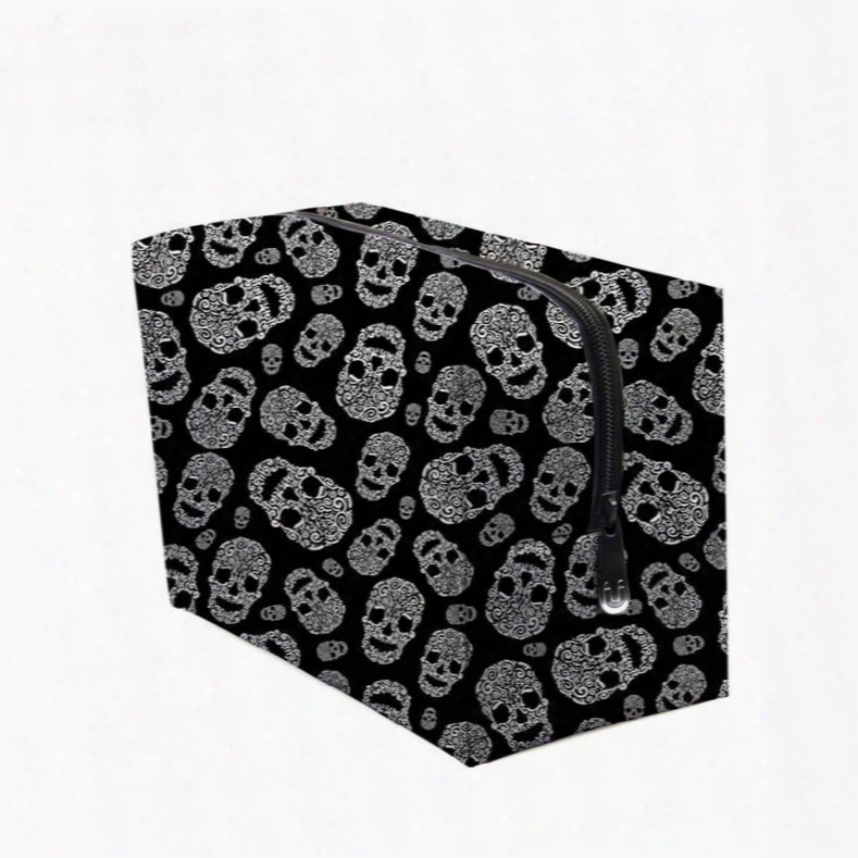 3d Portable White Skulls Printed Pv Black Cosmetic Bag