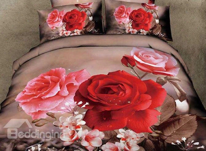 3d Red And Pink Rosa Chinensis Printed Cotton 4-piece Bedding Sets/duvet Cover