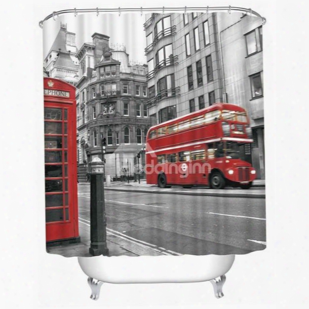 3d Red Bus And Phone Booth Printed Polyester Bathroom Shower Curtain