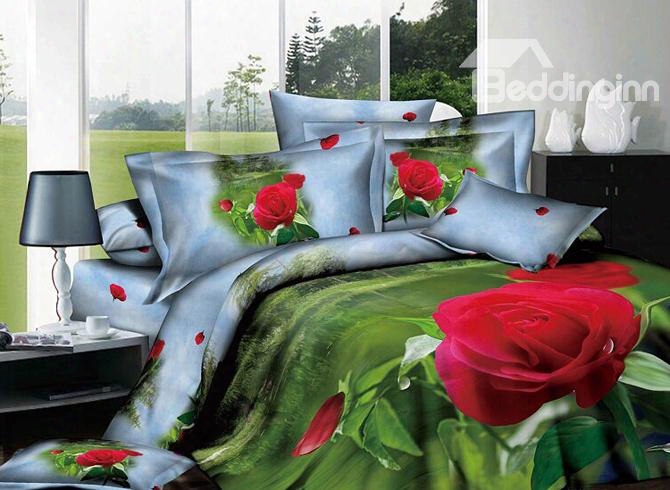 3d Red Rose And Bud Printed Cotton 4-piece Green Bedding Sets/duvet Covers