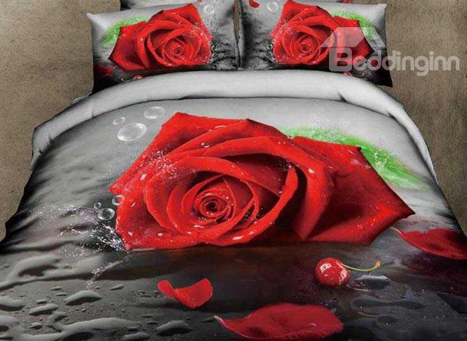 3d Red Rose And Waterdrop Printed Cotton -4piece Bedding Sets/duvet Covers
