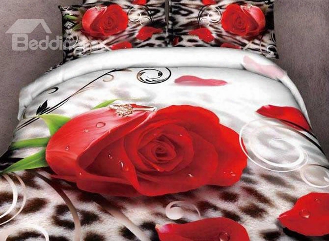 3d Red Rose With Drops Leopard Prints Cotton 4-piece Bedding Sets/duvet Cover