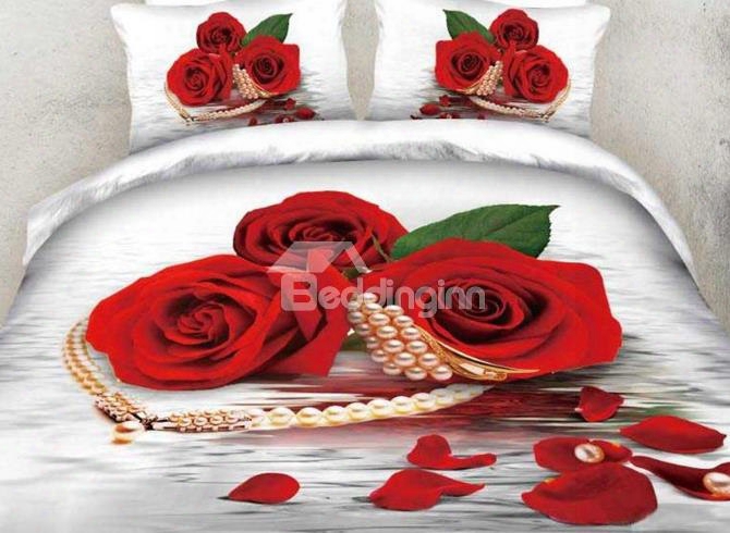 3d Red Roses With Pearl Necklace Printed Cotton 4-piece Bedding Sets