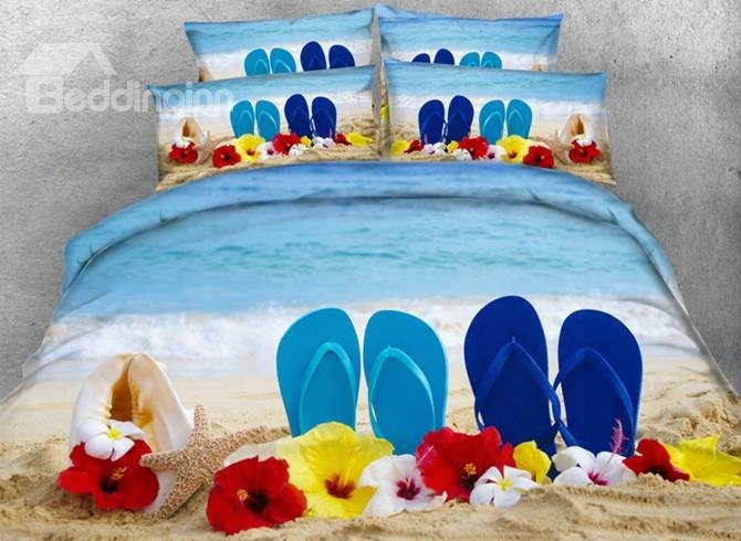 3d Slippers On The Beach Printed Cotton 4-piece Bedding Sets/duvet Covers