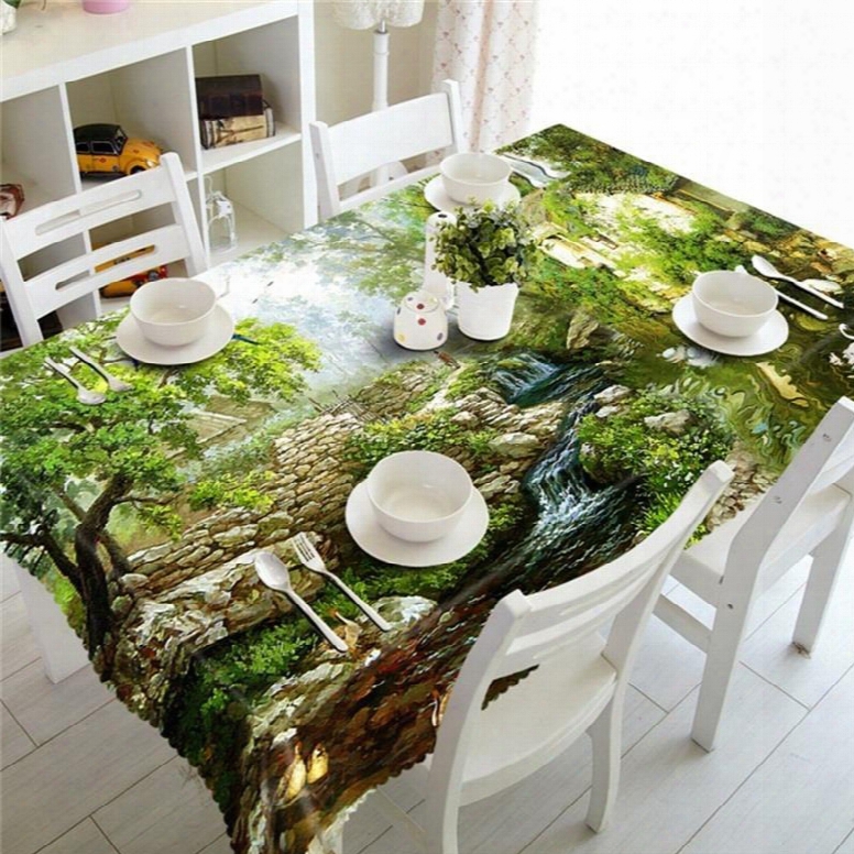 3d Stone House With Flowing River Printed Thick Polyester Home And Hotel Table Cover